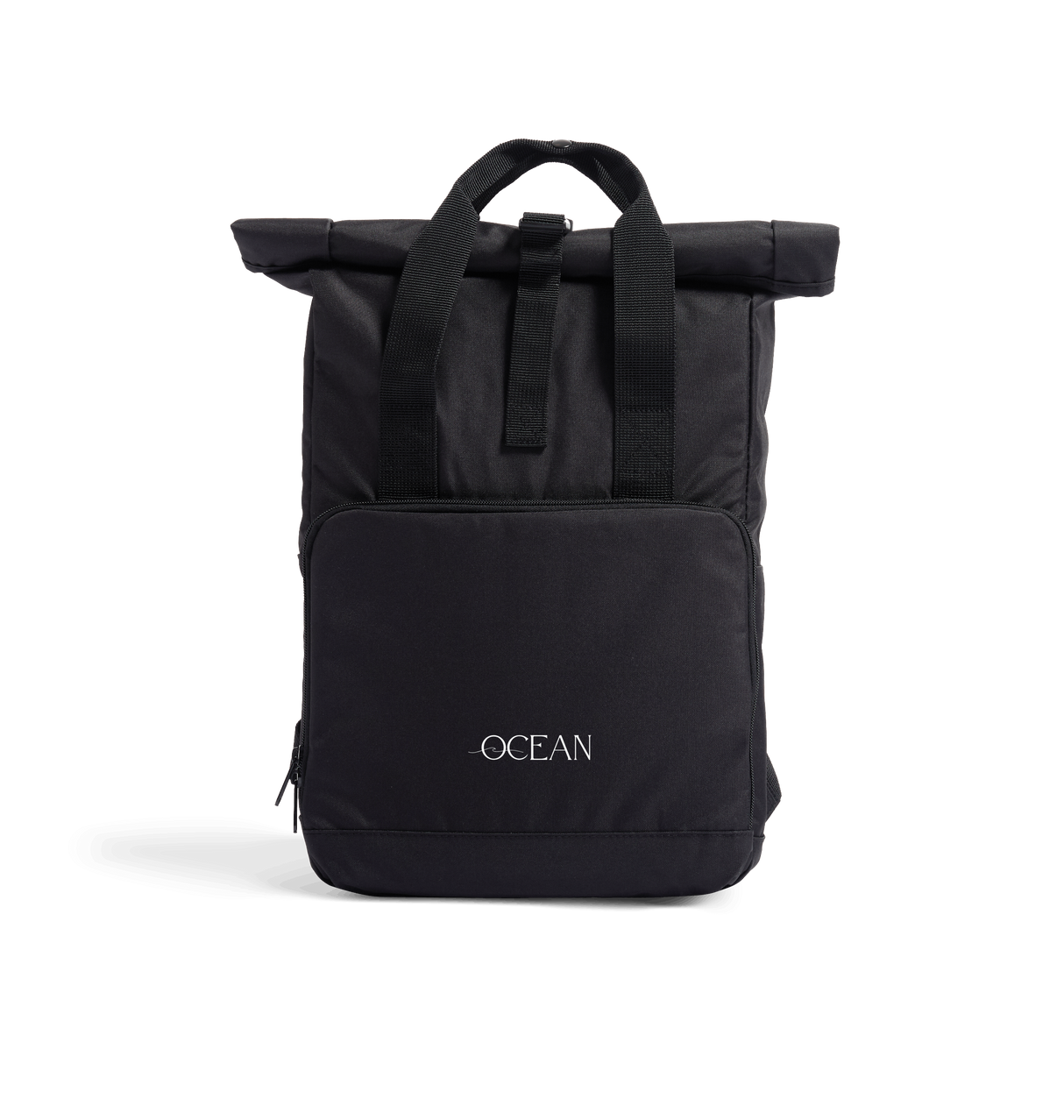 Black Roll-top Bag with OCEAN branding printed on the Front