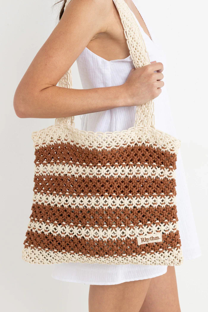 Rhythm Cove Stripe Crochet Tote Bag - Caramel