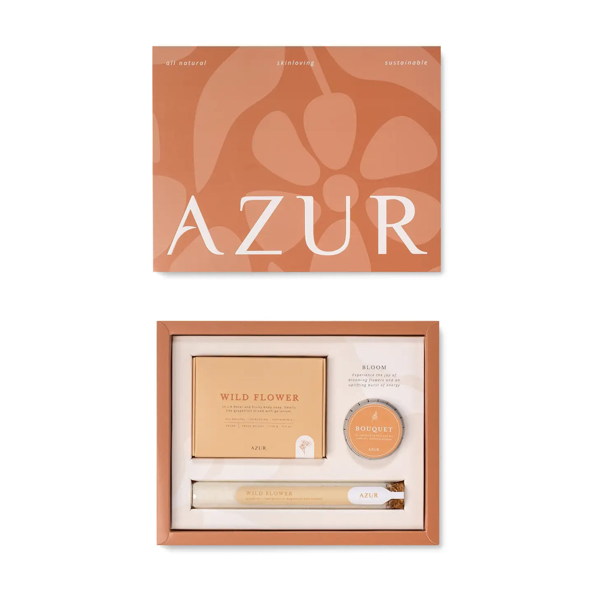 Cosmetic set with 'AZUR' branding on a white background
