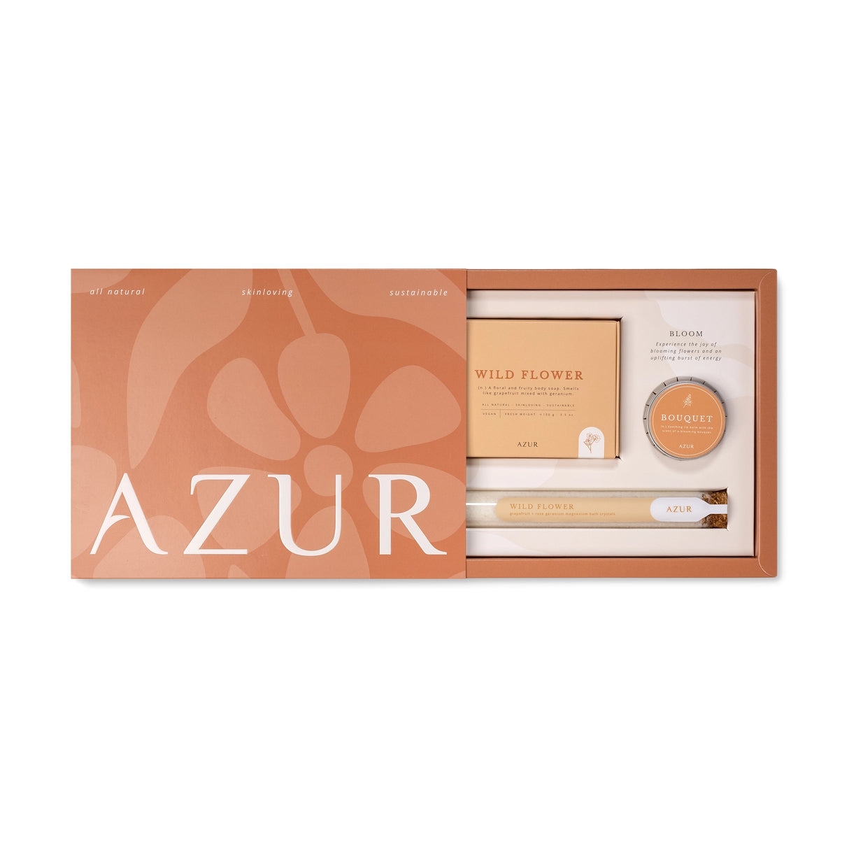 AZUR skincare product set with 'Wild Flower' packaging on a white background