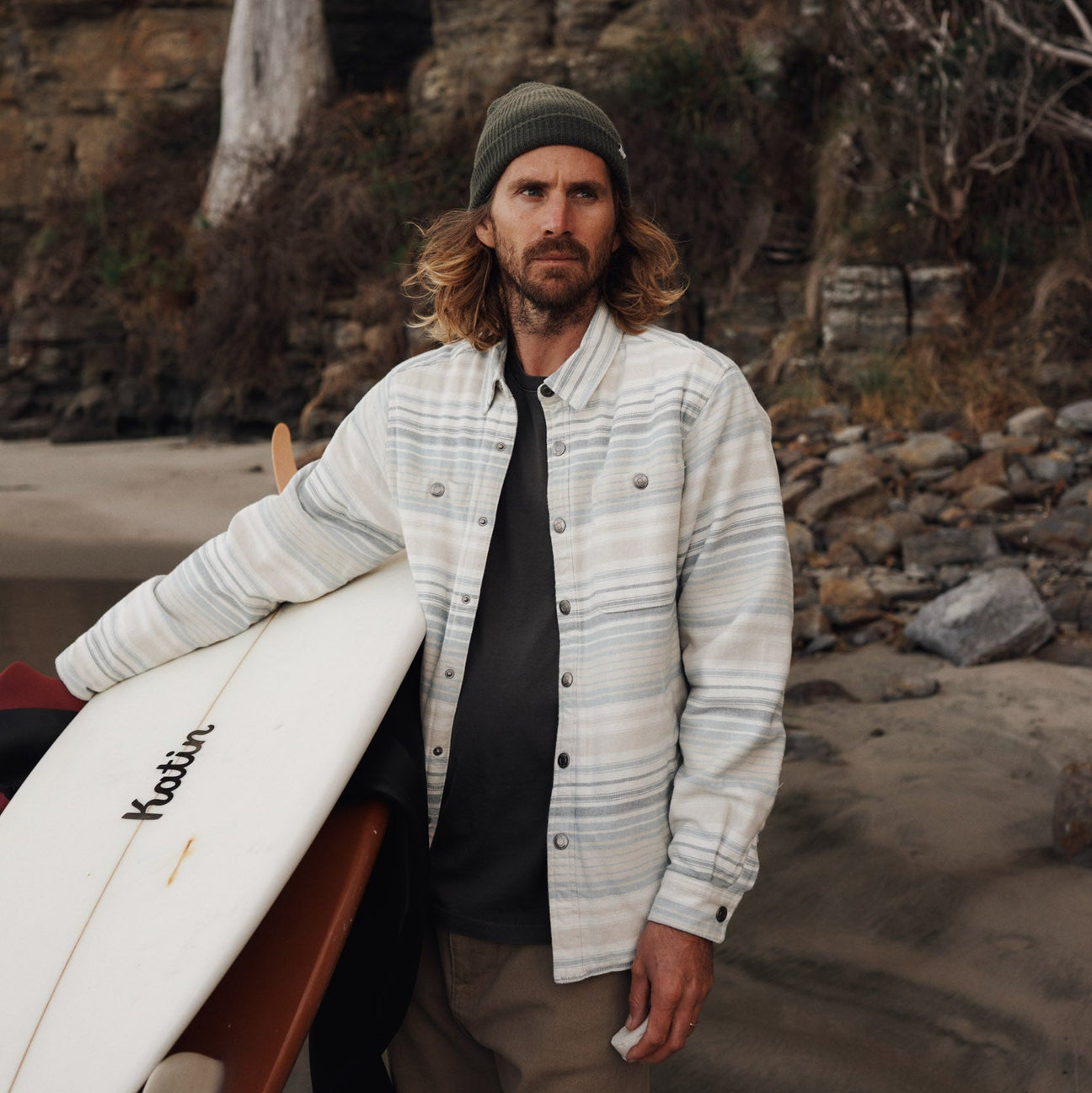a man wearing katin clothing and holding a surfboard