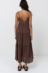 rhythm chocolate tiered maxi dress worn by a person on a white background
