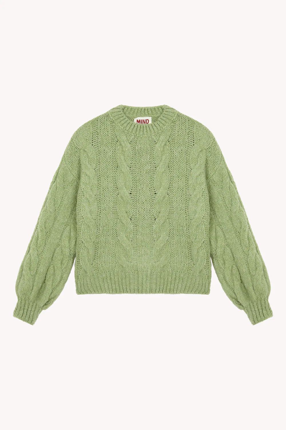 MindTraveler Green cable knit sweater on a white background