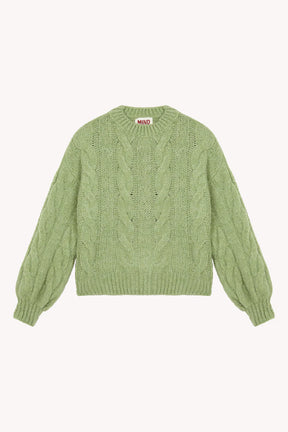 MindTraveler Green cable knit sweater on a white background
