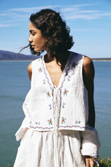 Seaside Embroidered Linen Top - White