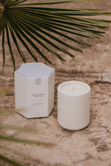 White candle and packaging on a textured surface with palm leaves in the background