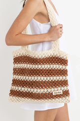 Rhythm Cove Stripe Crochet Tote Bag - Caramel