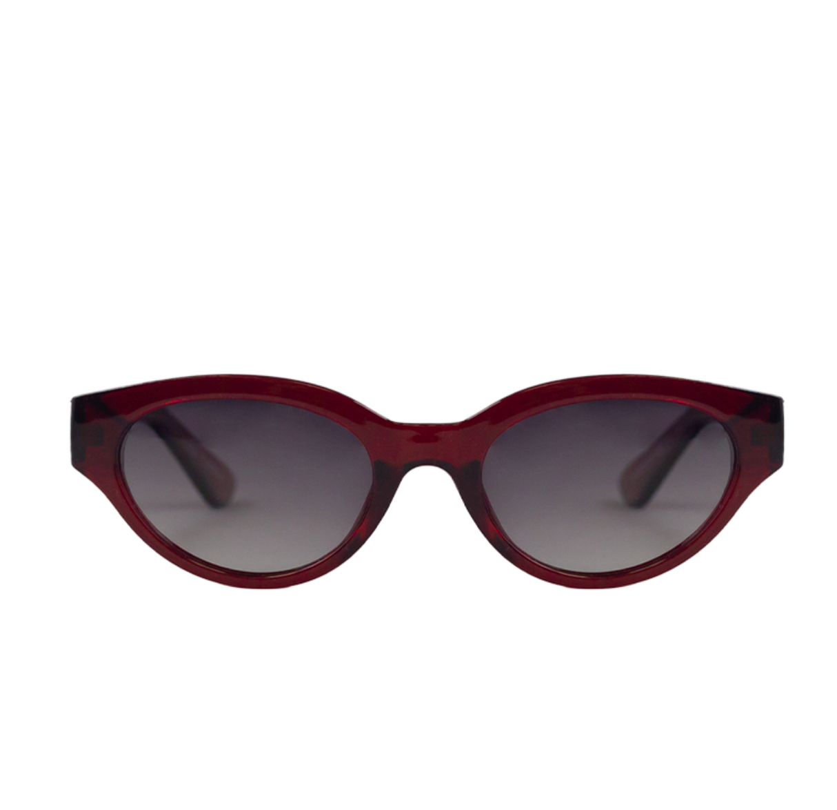 Red Eudola Oceanides sunglasses with dark lenses on a white background