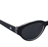 Black Eudola Oceanides sunglasses with a clear frame on a white background