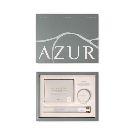 AZUR skincare product set with packaging on a white background