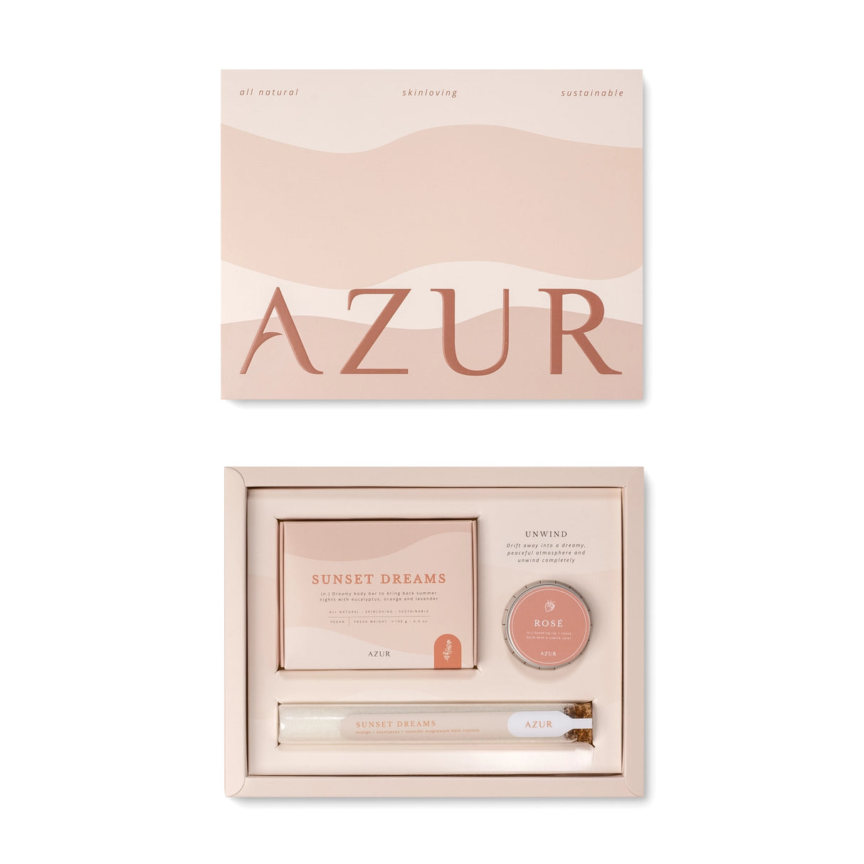 AZUR Unwind gift set with packaging on a white background