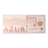AZUR skincare product set with a pink and beige color scheme on a white background, set includes bath salts, natural body soap and lip balm