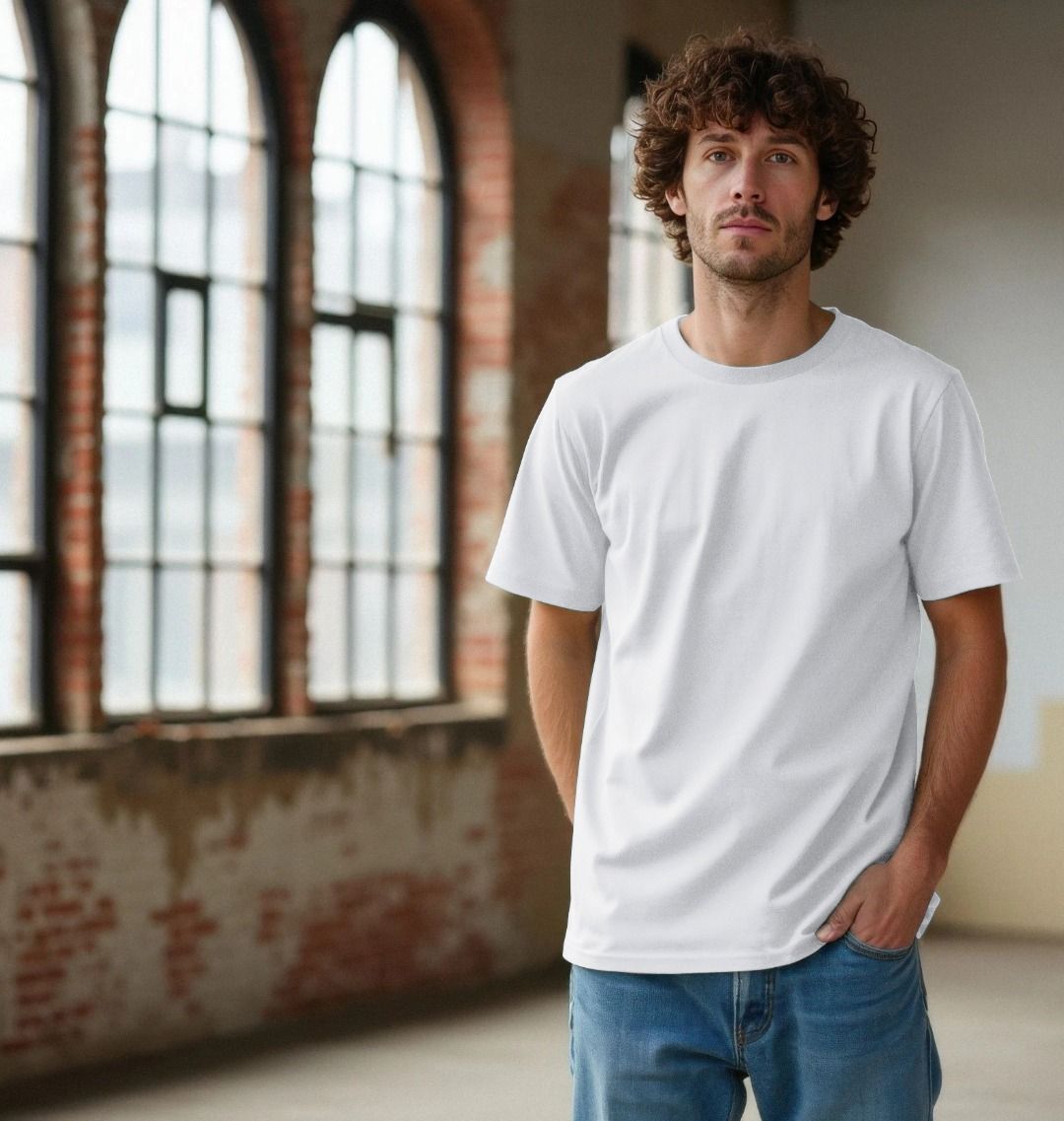 Man wearing a plain white t-shirt and blue jeans standing in an indoor setting with large windows and brick walls.